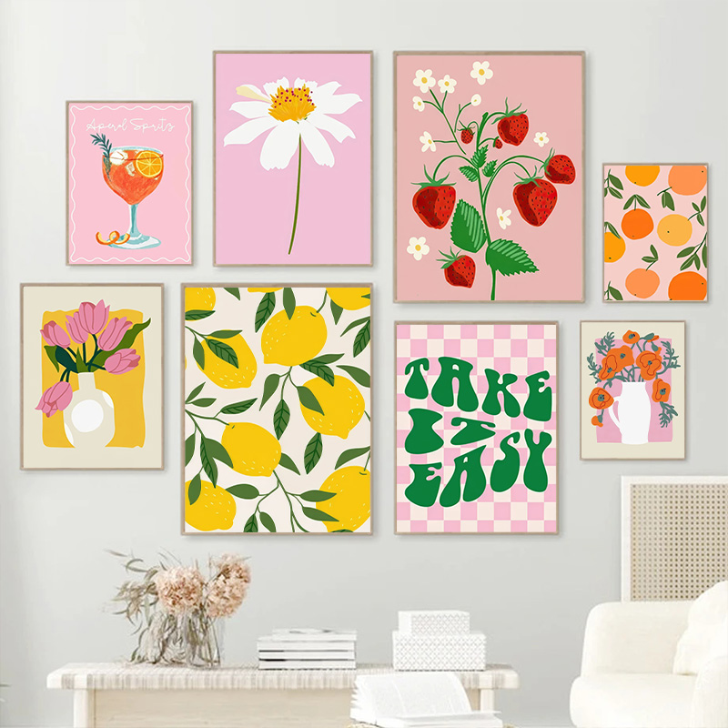 Wall Texture Spray - Kleurrijke Homecoming Citroen Aardbei Bloemenprint Canvas